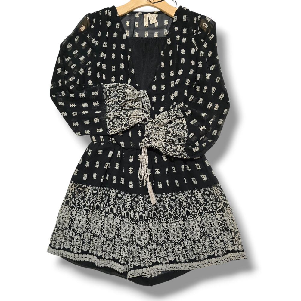 Japna Women’s Black Boho Long Sleeve Romper with Tassel Tie Waist – Size Medium - Picture 3 of 7